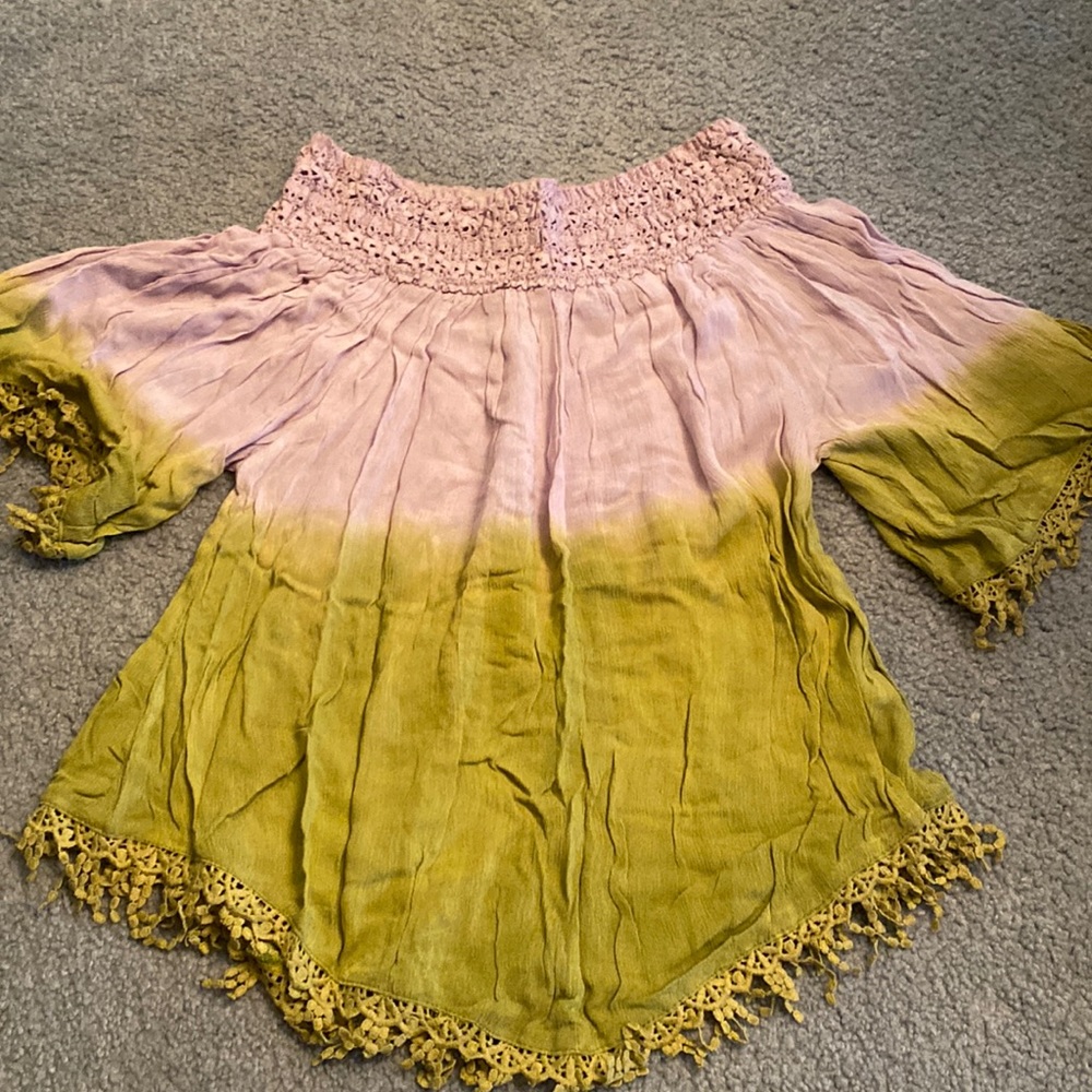 Off the shoulder purple to green ombré shirt